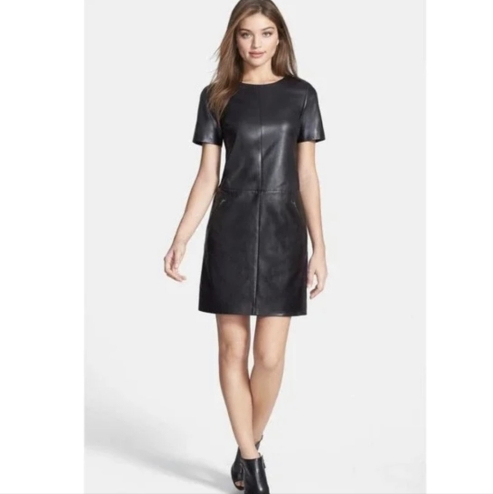Halogen | Leather Neoprene Shift Short Sleeve Mini Dress Size Small Petite